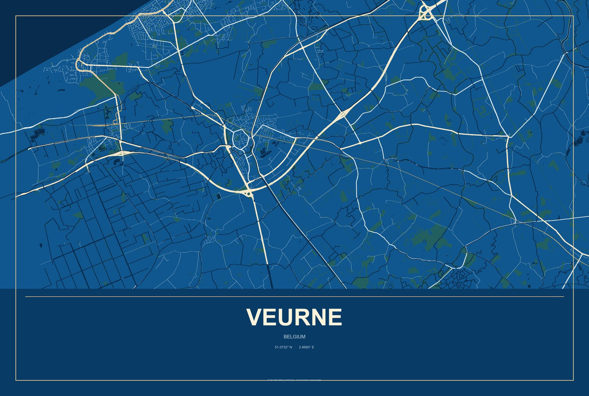 Veurne, Belgium City Map Aluminum Sign in Harbor Cobalt style
