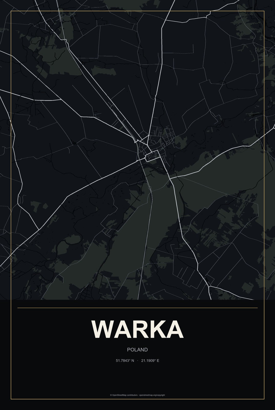 Warka, Poland City Map Aluminum Sign in Metropolitan Noir style
