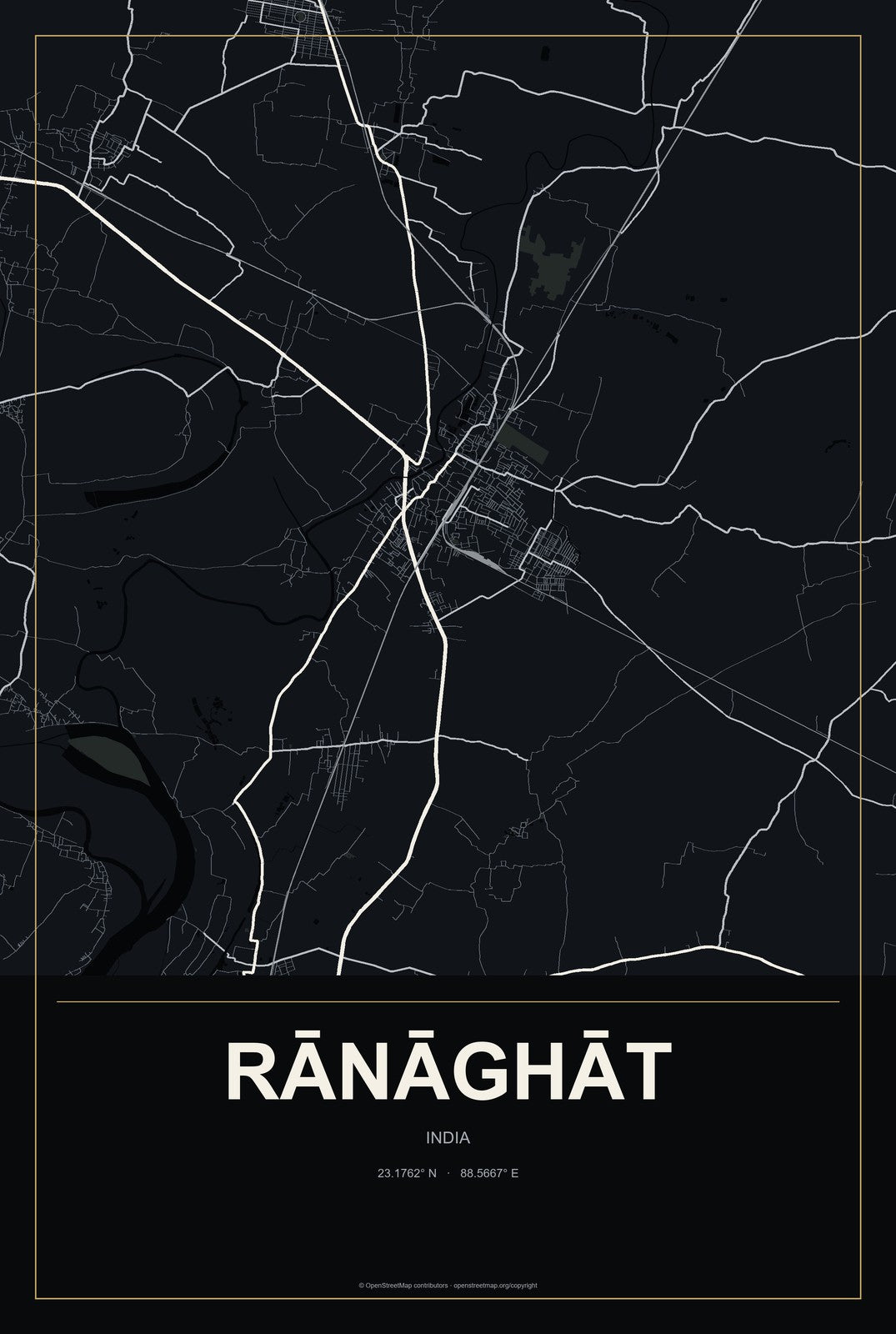 Rānāghāt, India City Map Aluminum Sign in Metropolitan Noir style