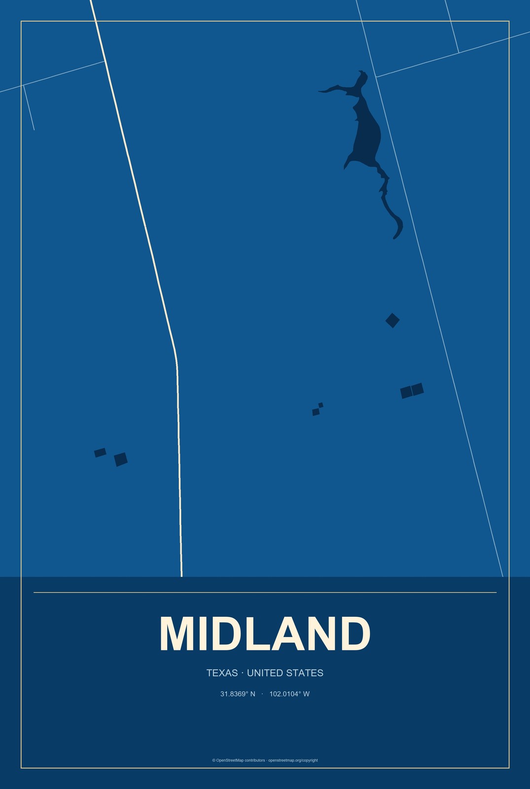 Midland, Texas City Map Aluminum Sign in Harbor Cobalt style