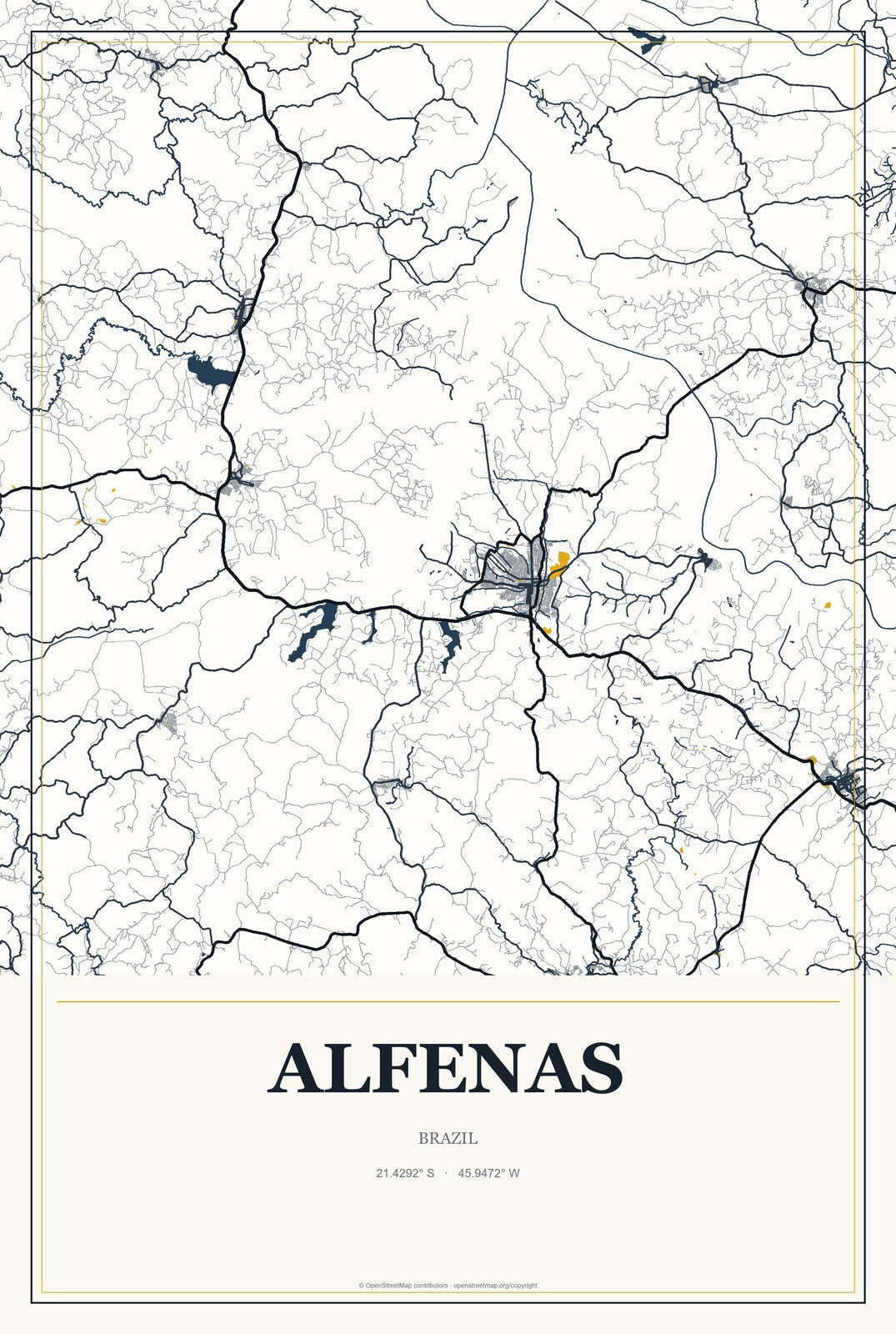 Alfenas, Brazil City Map Aluminum Sign in Citrine Modern style