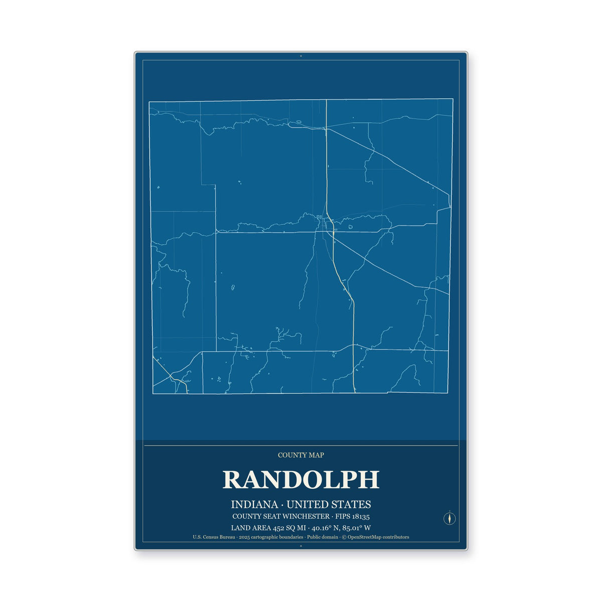 Randolph County, Indiana Map Aluminum Sign in Harbor Cobalt style