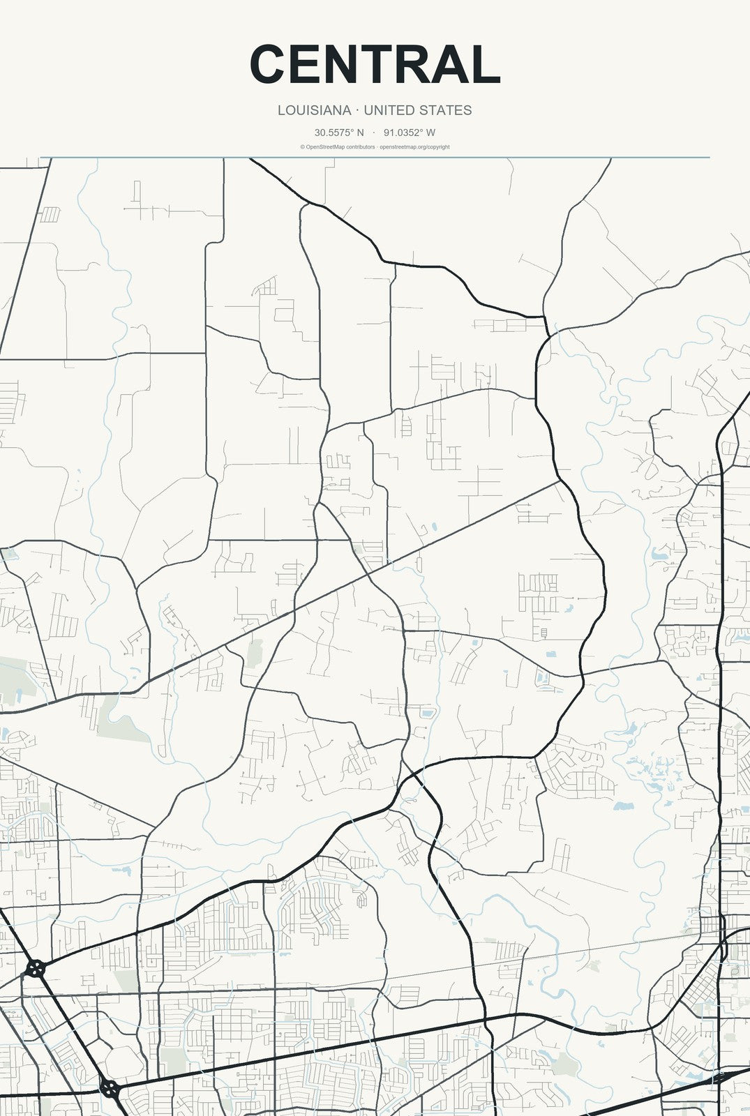 Central, Louisiana City Map Aluminum Sign in Headline Atlas style