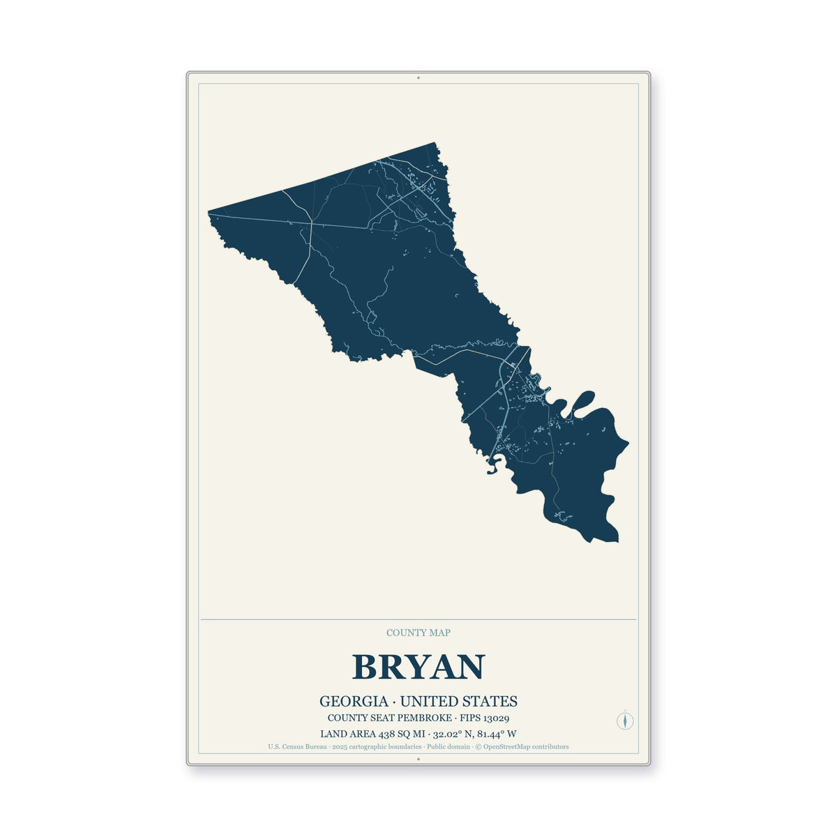 Bryan County, Georgia Map Aluminum Sign in Coastal Cutout style