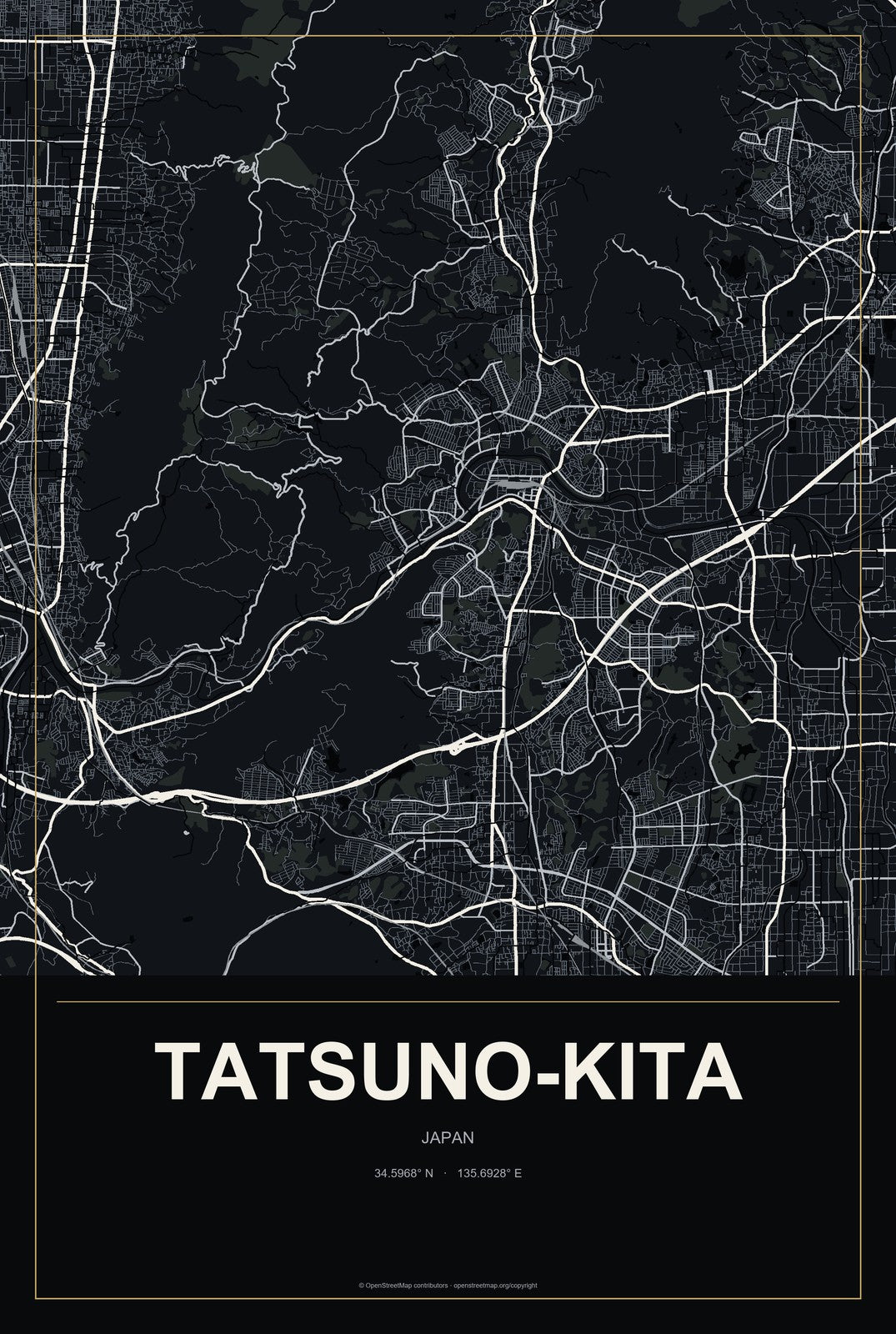Tatsuno-kita, Japan City Map Aluminum Sign in Metropolitan Noir style