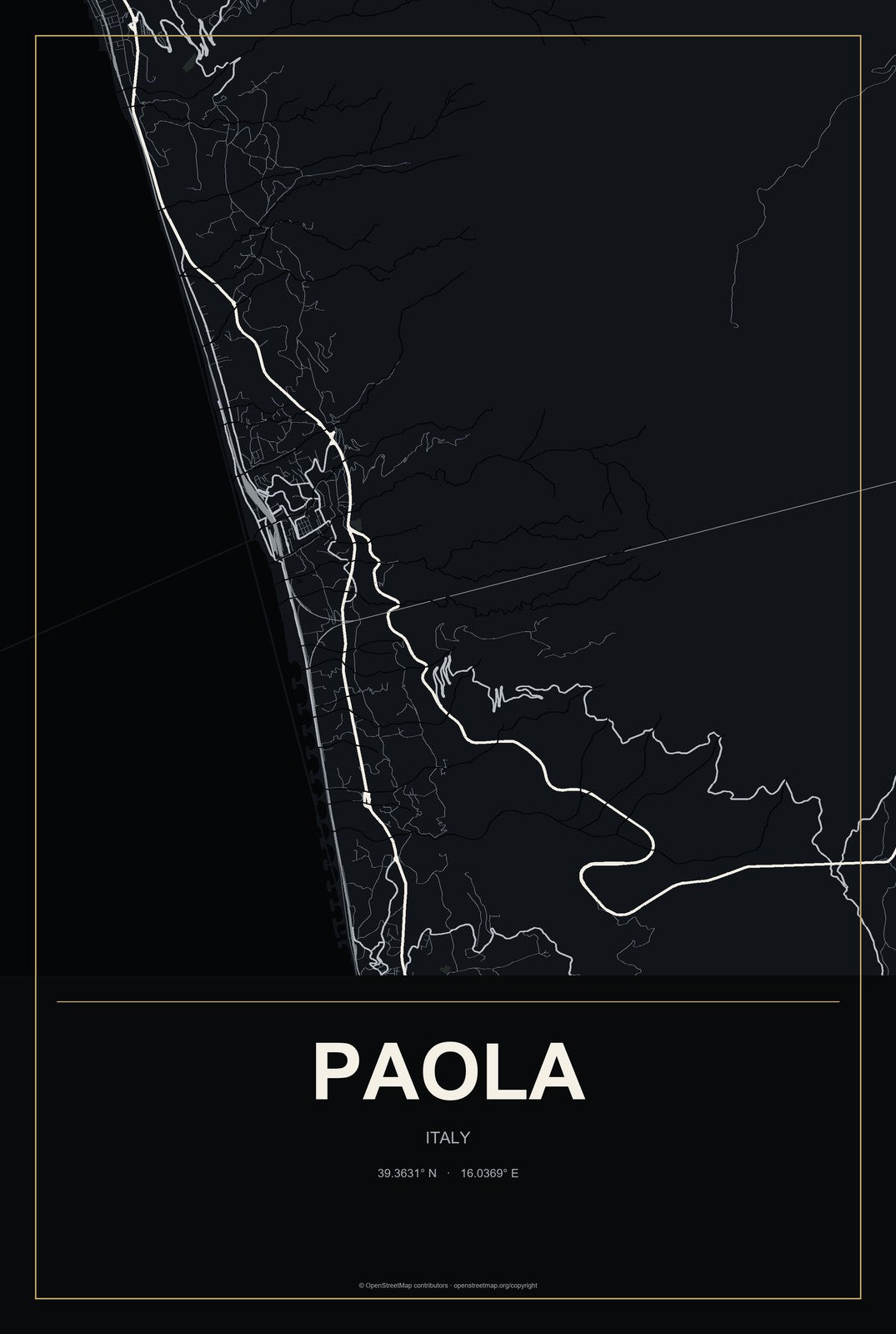 Paola, Italy City Map Aluminum Sign in Metropolitan Noir style