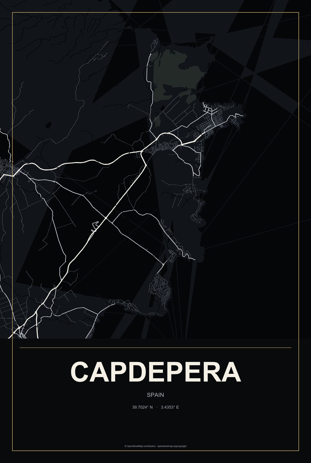 Capdepera, Spain City Map Aluminum Sign in Metropolitan Noir style