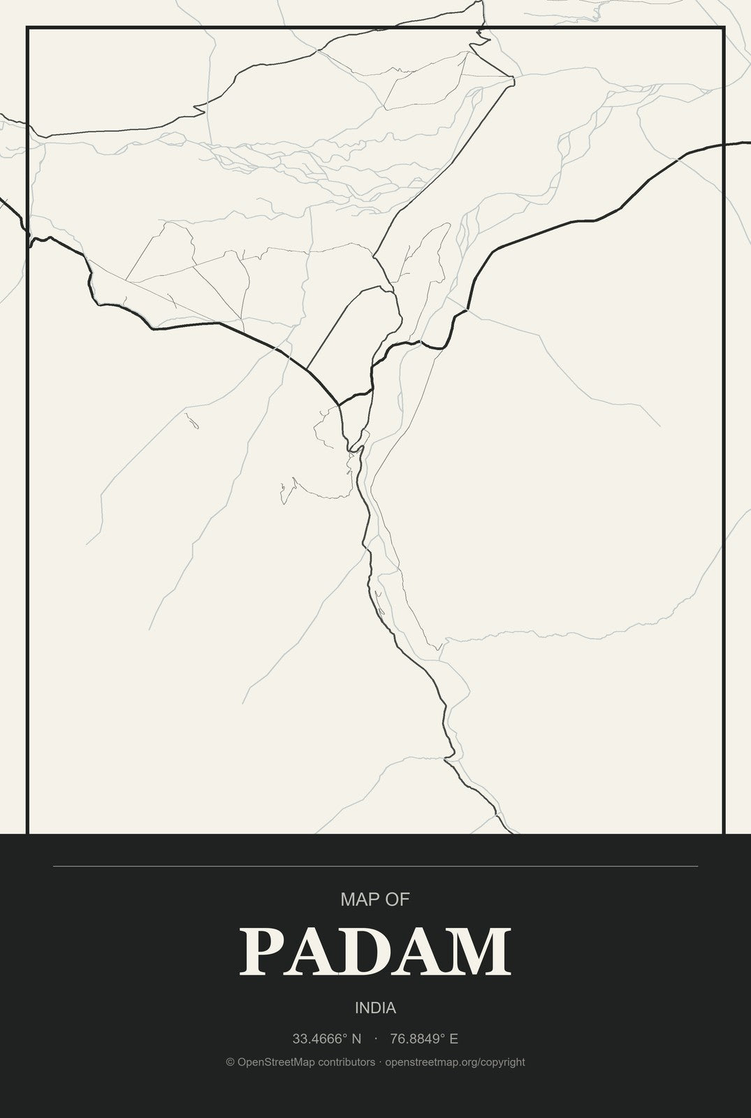 Padam, India City Map Aluminum Sign in Museum Plaque style