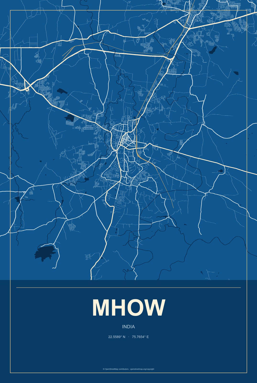 Mhow, India City Map Aluminum Sign in Harbor Cobalt style