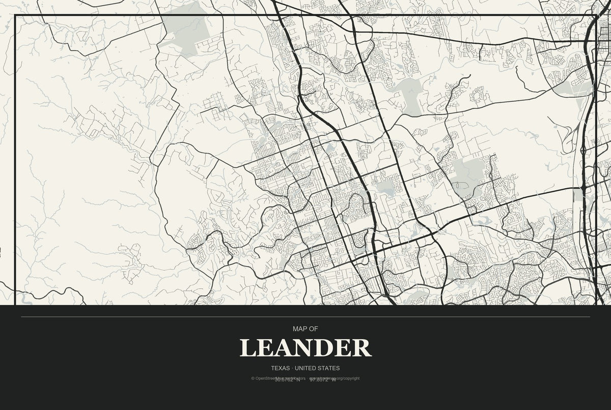 Leander, Texas City Map Aluminum Sign in Museum Plaque style