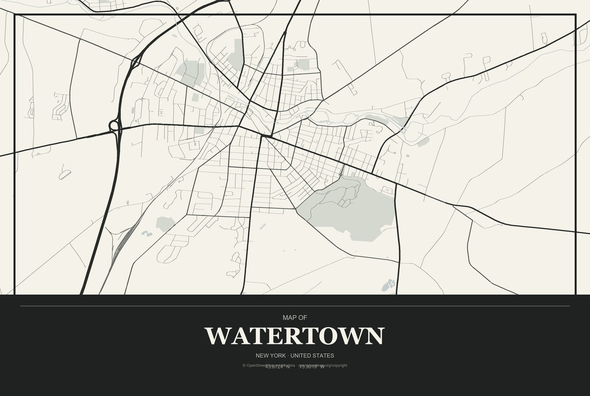 Watertown, New York City Map Aluminum Sign in Museum Plaque style