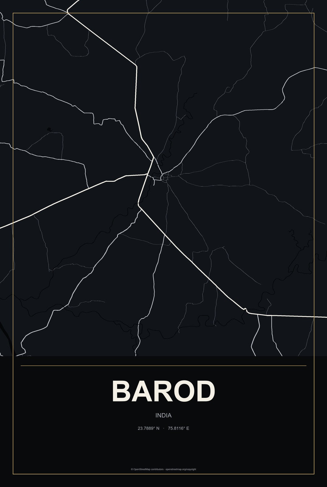 Barod, India City Map Aluminum Sign in Metropolitan Noir style