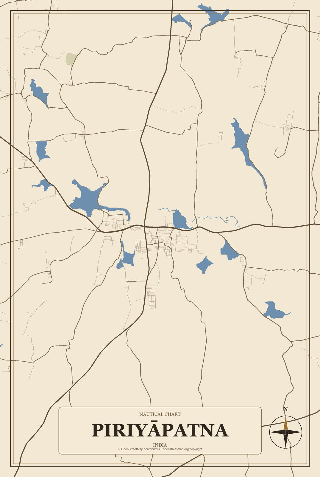 Piriyāpatna, India City Map Aluminum Sign in Heritage Nautical style