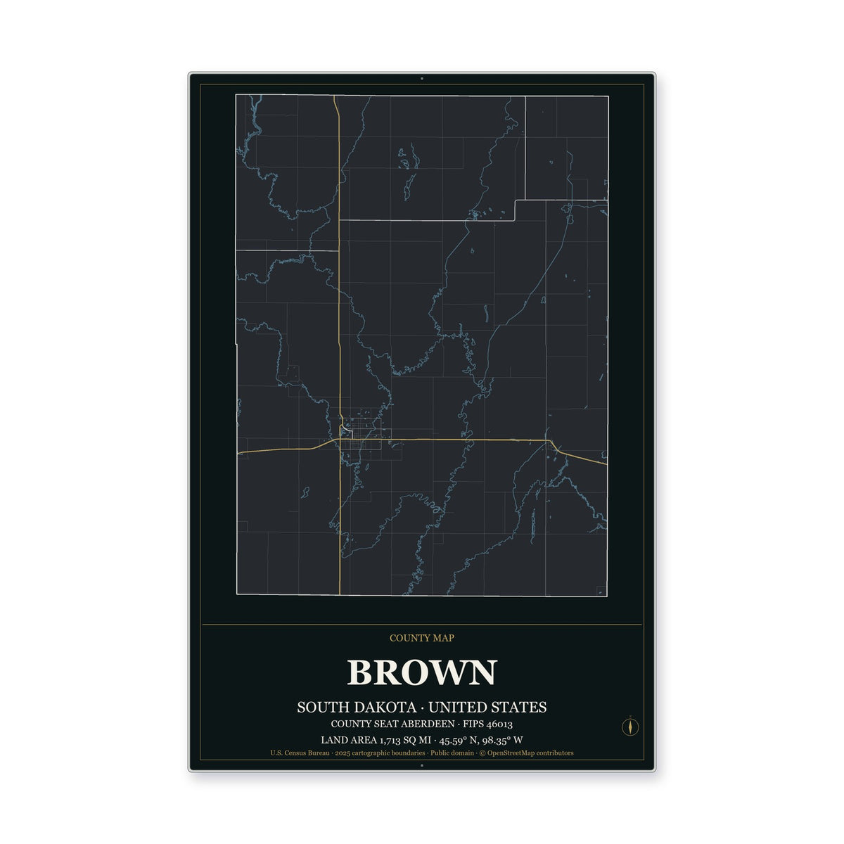 Brown County, South Dakota Map Aluminum Sign in Metropolitan Noir style