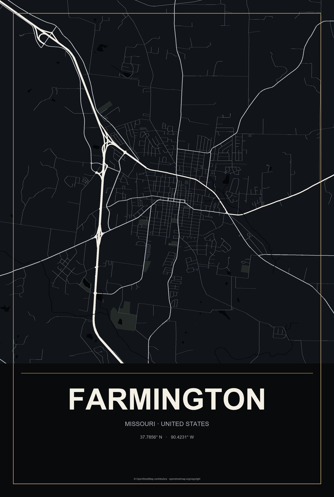 Farmington, Missouri City Map Aluminum Sign in Metropolitan Noir style
