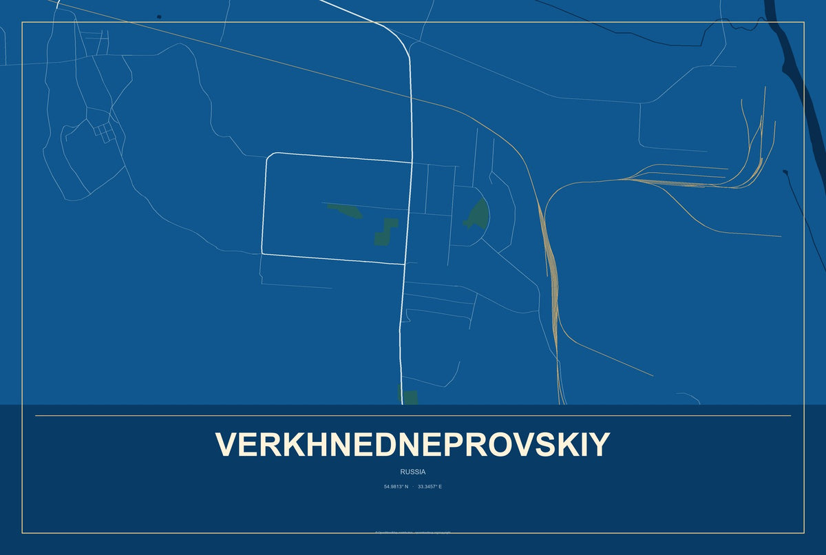 Verkhnedneprovskiy, Russia City Map Aluminum Sign in Harbor Cobalt style