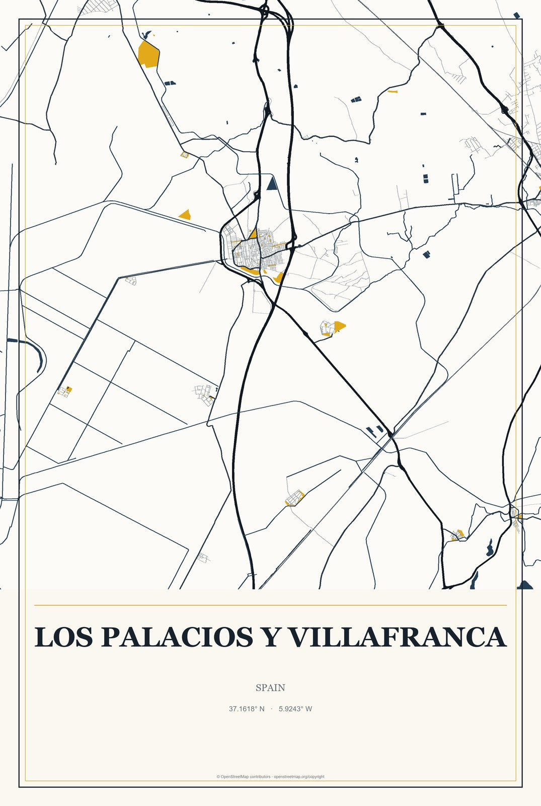 Los Palacios y Villafranca, Spain City Map Aluminum Sign in Citrine Modern style