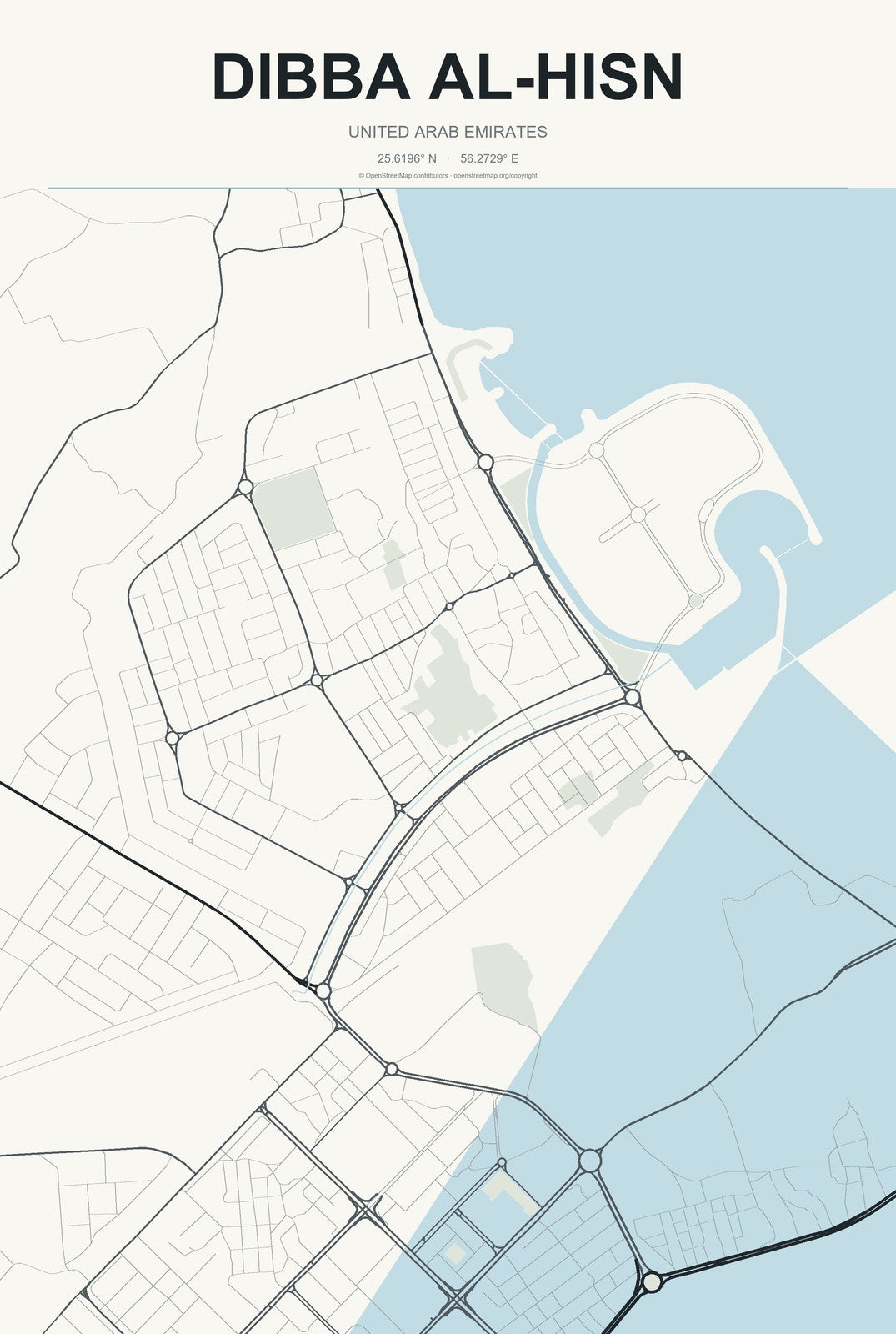 Dibba Al-Hisn, United Arab Emirates City Map Aluminum Sign in Headline Atlas style