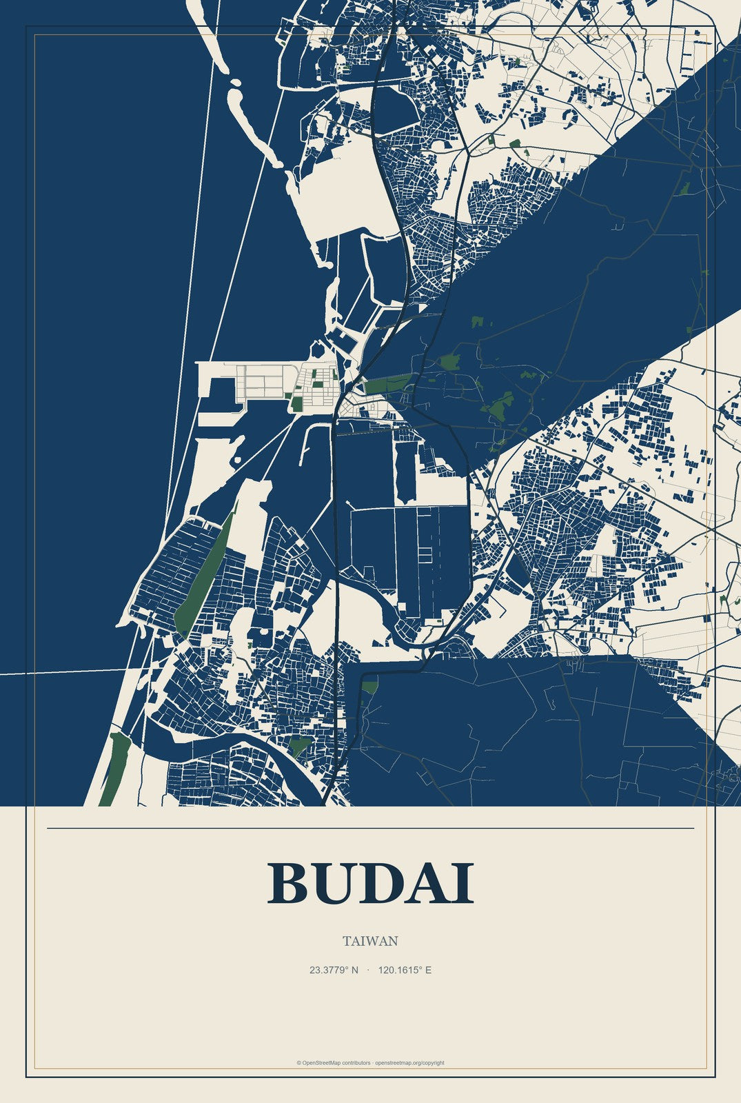 Budai, Taiwan City Map Aluminum Sign in Coastal Cutout style