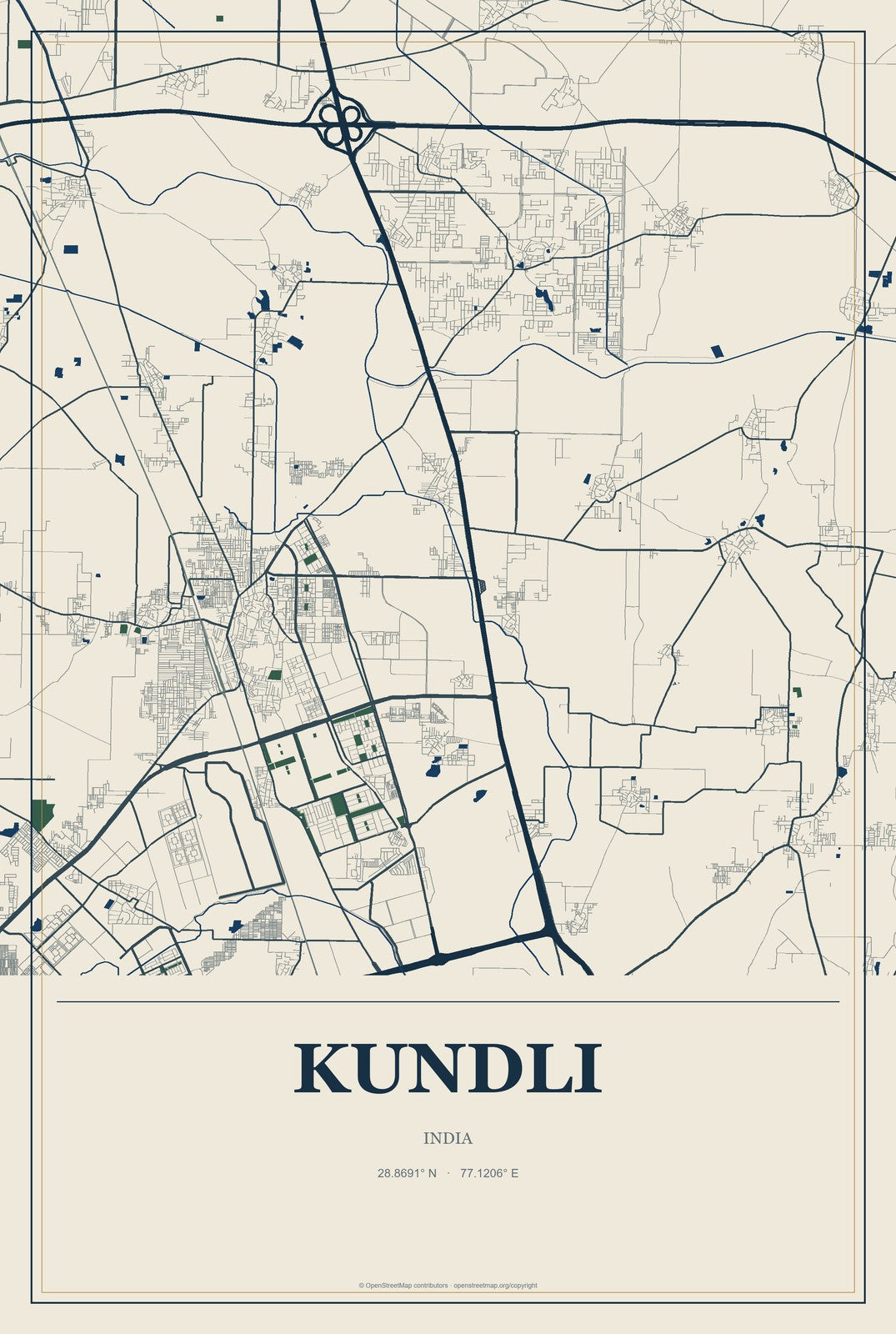 Kundli, India City Map Aluminum Sign in Coastal Cutout style