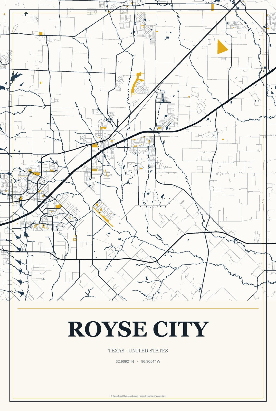 Royse City, Texas City Map Aluminum Sign in Citrine Modern style