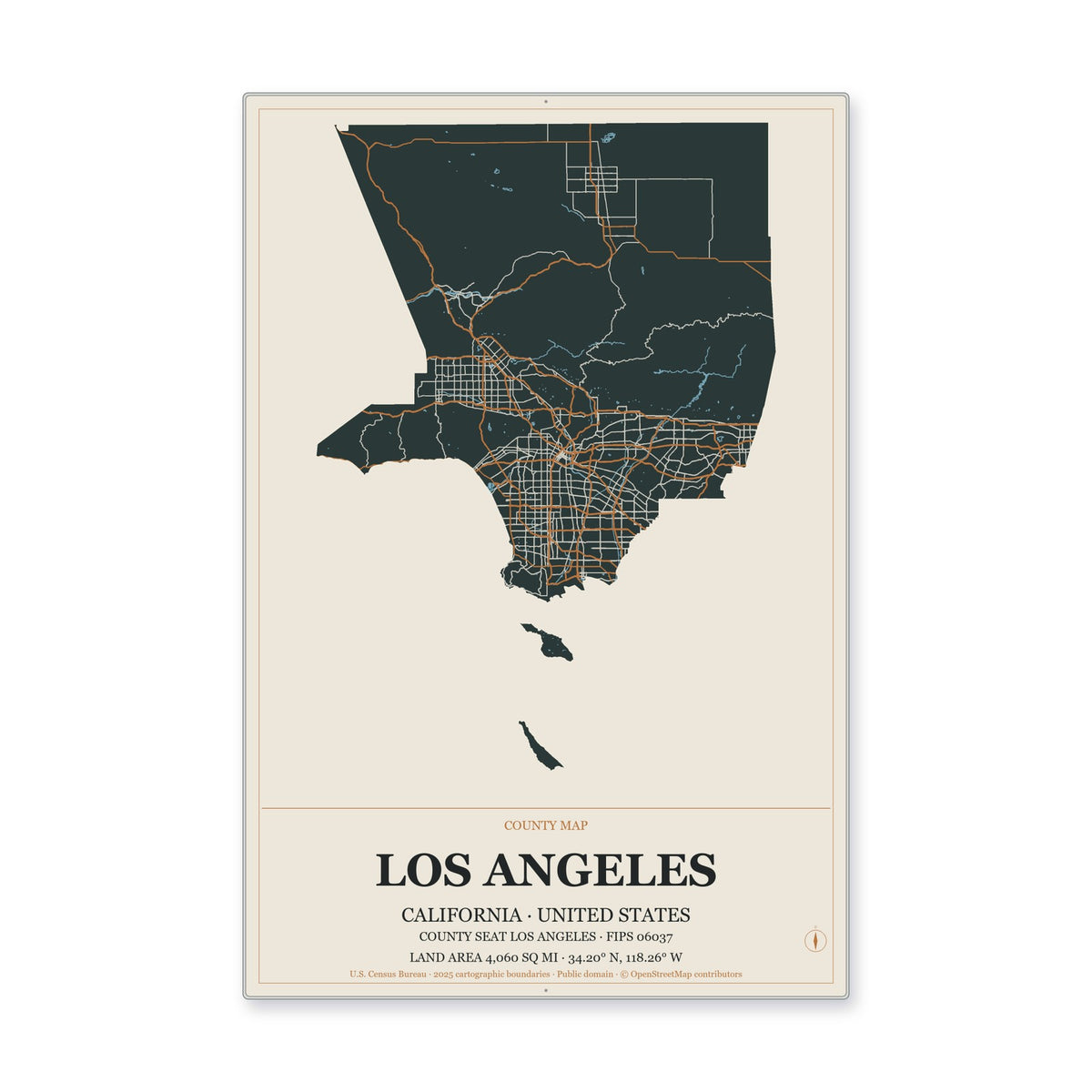 Los Angeles County, California Map Aluminum Sign in Headline Atlas style