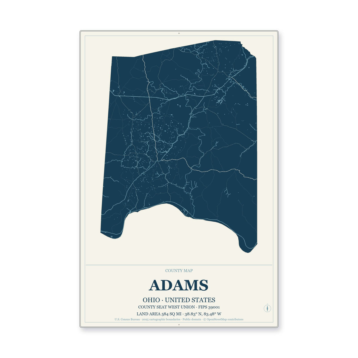Adams County, Ohio Map Aluminum Sign in Coastal Cutout style