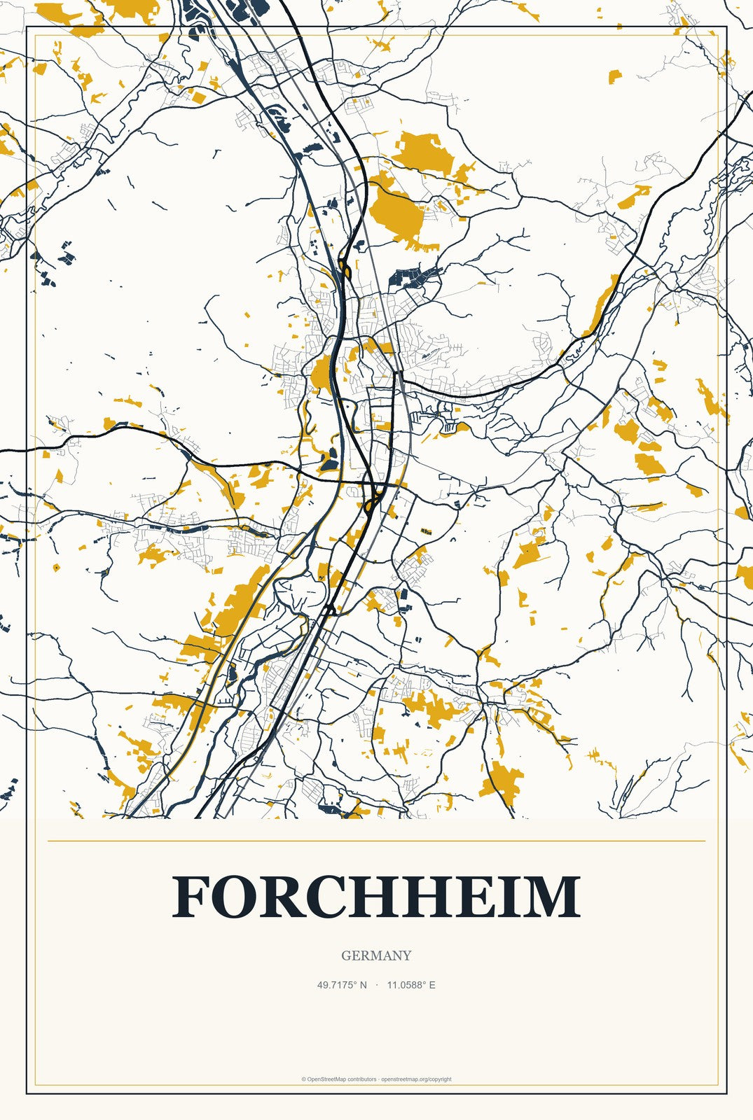 Forchheim, Germany City Map Aluminum Sign in Citrine Modern style