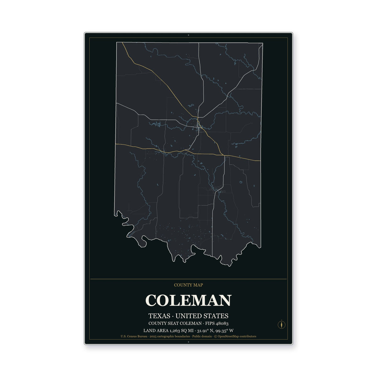 Coleman County, Texas Map Aluminum Sign in Metropolitan Noir style