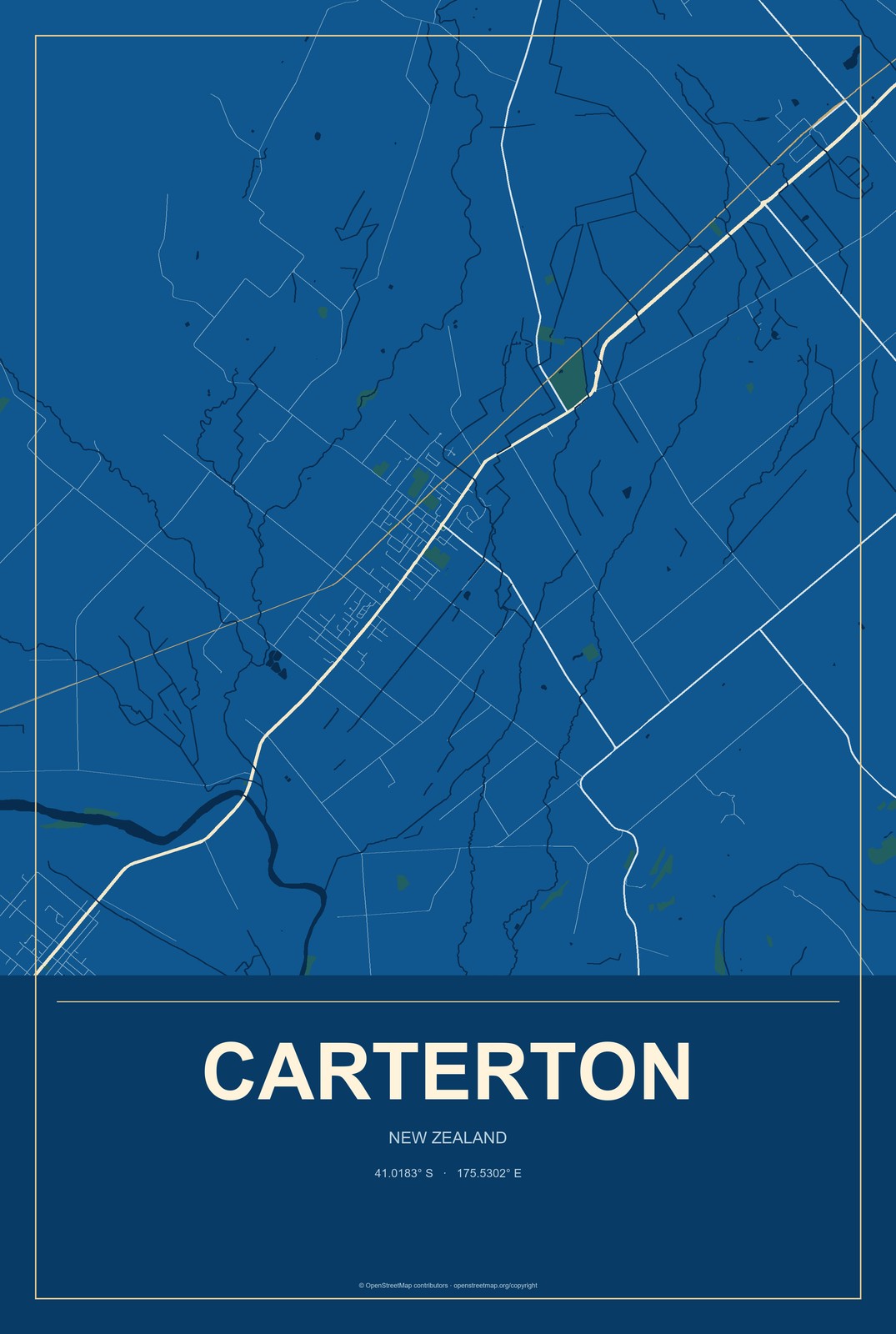 Carterton, New Zealand City Map Aluminum Sign in Harbor Cobalt style