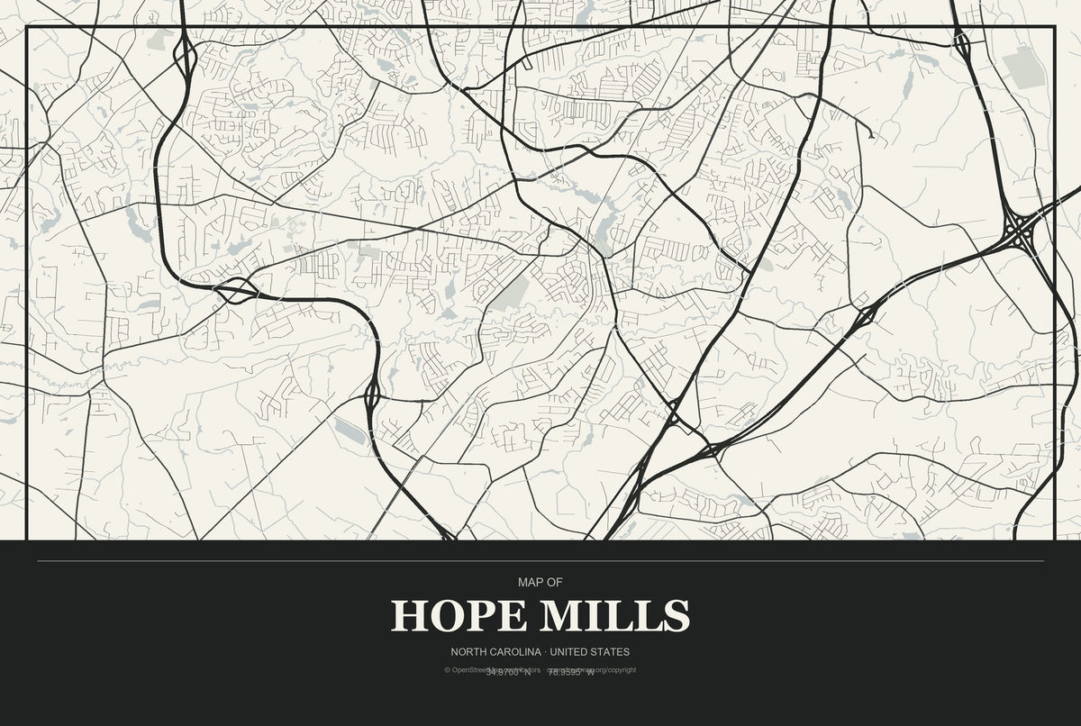 Hope Mills, North Carolina City Map Aluminum Sign in Museum Plaque style