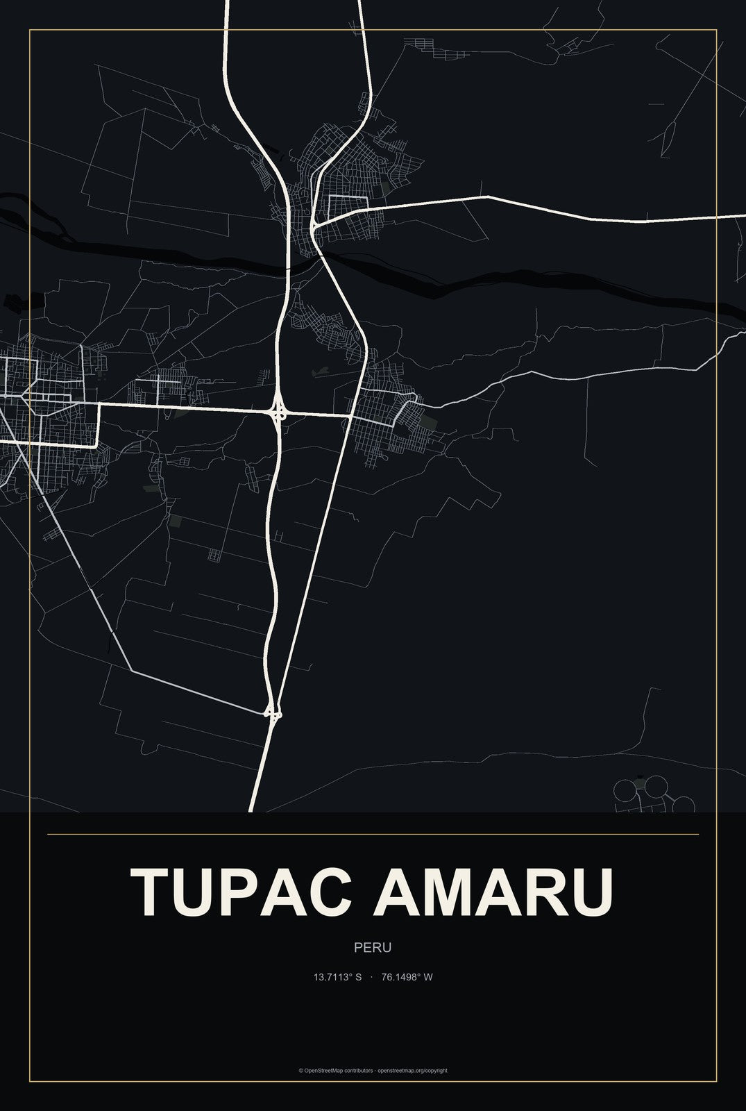 Tupac Amaru, Peru City Map Aluminum Sign in Metropolitan Noir style