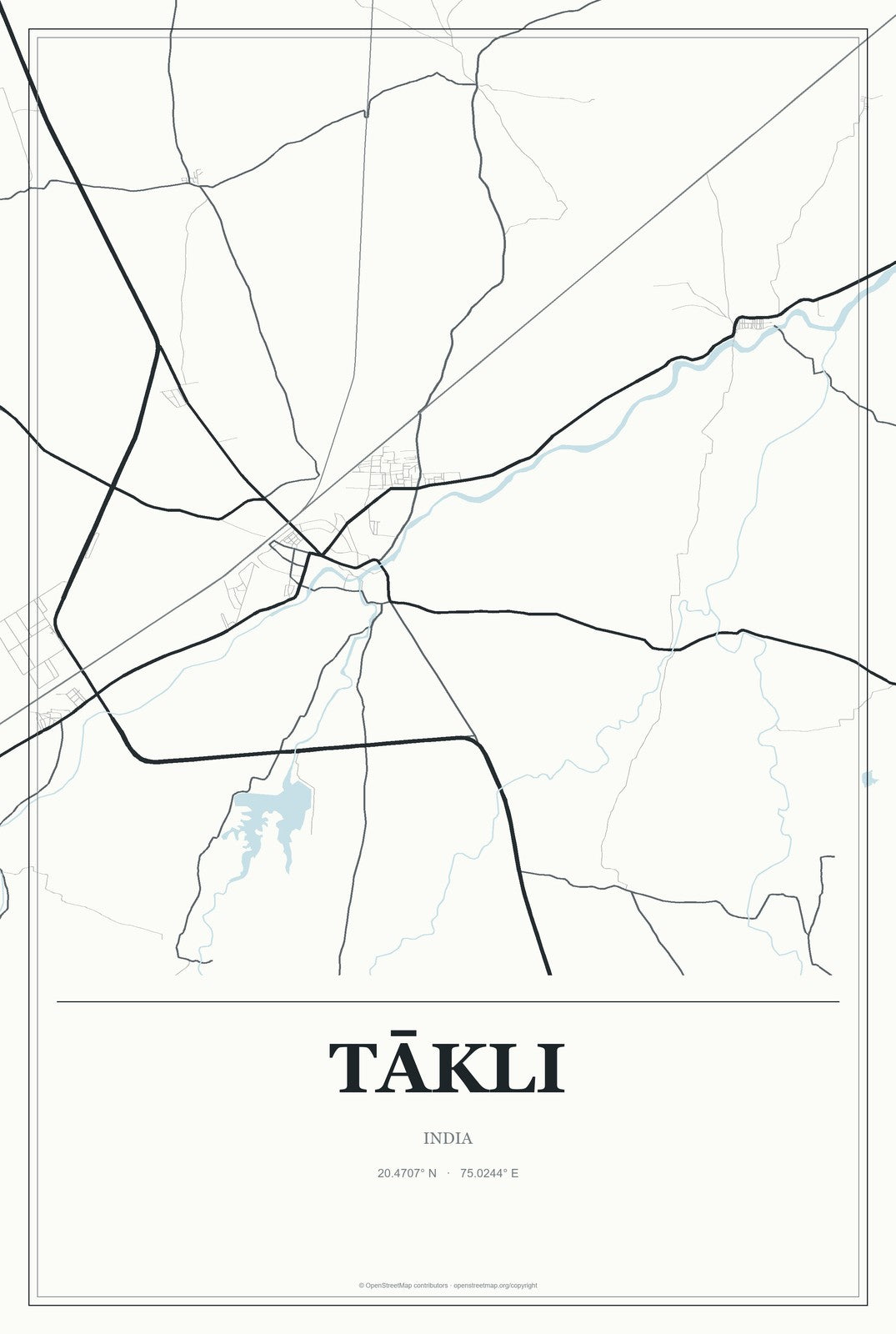Tākli, India City Map Aluminum Sign in Gallery Air style