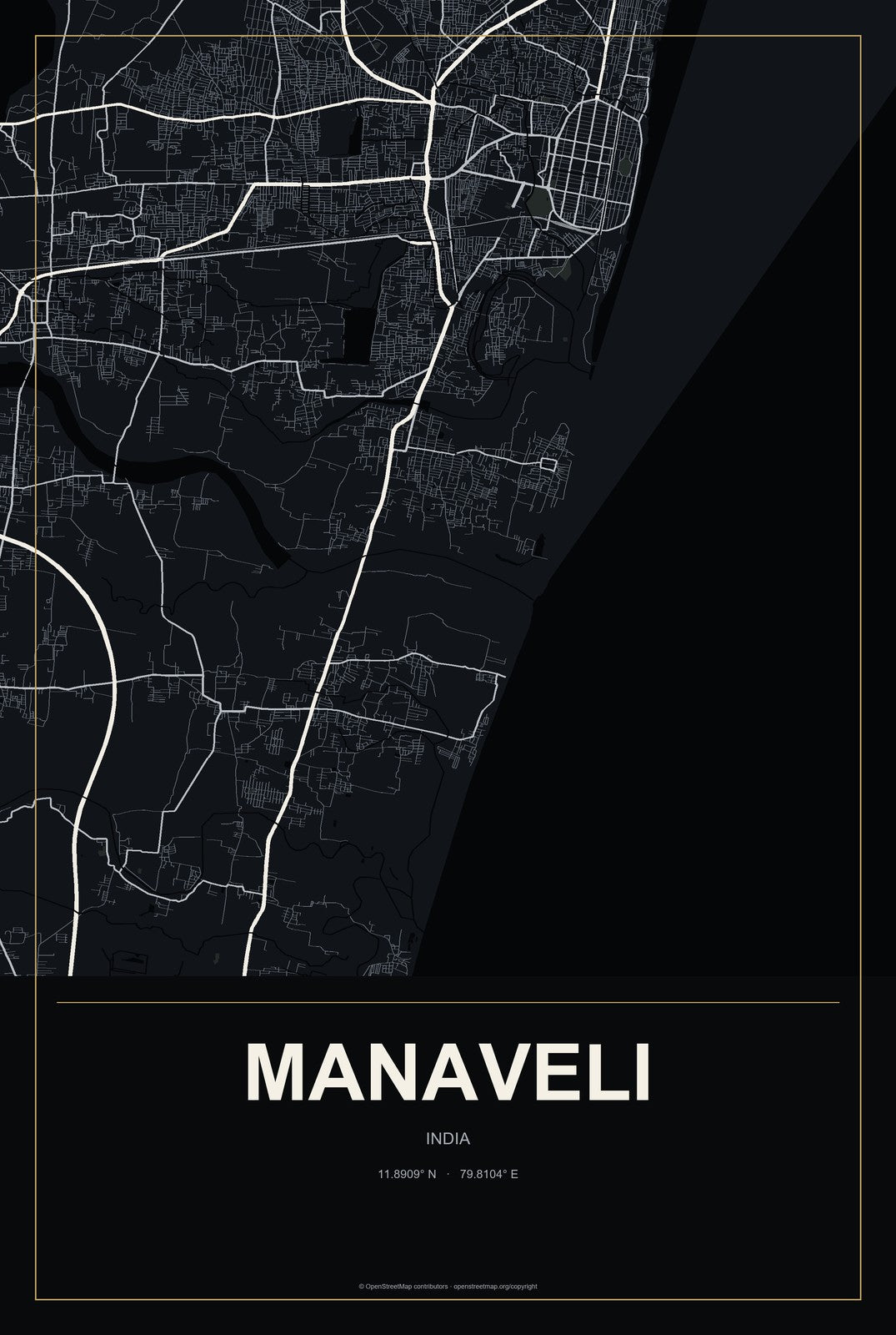 Manaveli, India City Map Aluminum Sign in Metropolitan Noir style