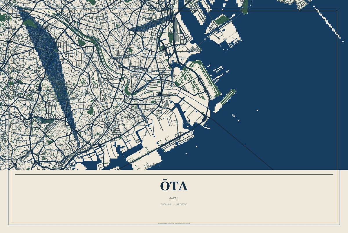 Ōta, Gunma, Japan City Map Aluminum Sign in Coastal Cutout style