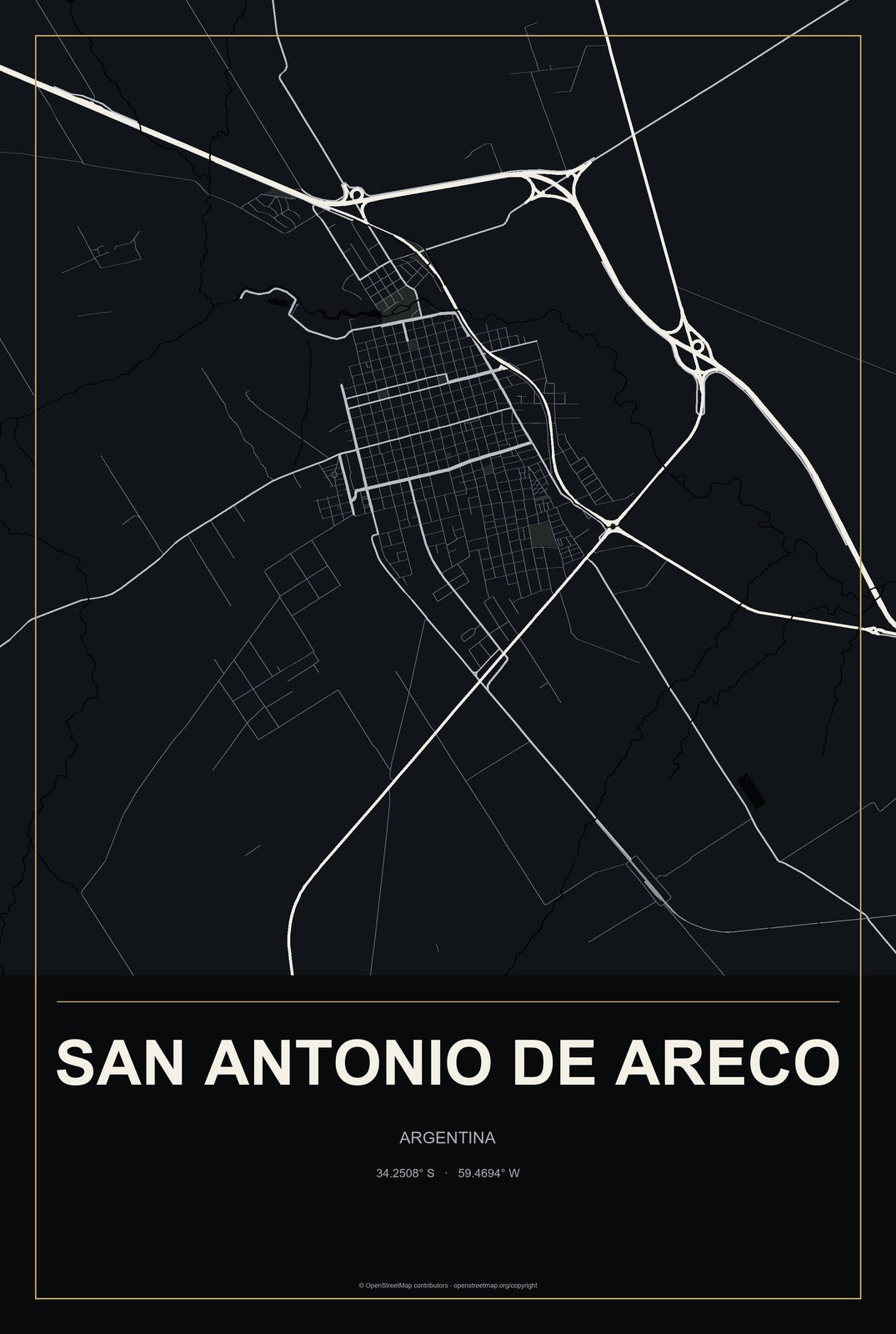 San Antonio de Areco, Argentina City Map Aluminum Sign in Metropolitan Noir style