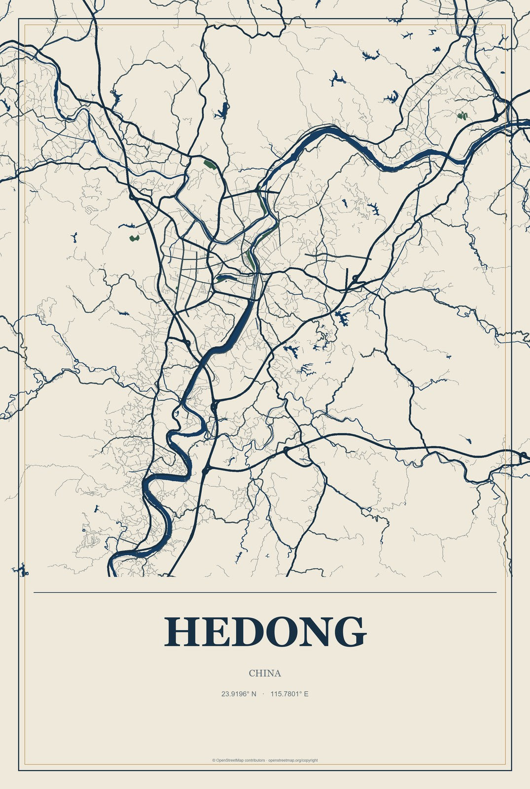 Hedong, China City Map Aluminum Sign in Coastal Cutout style