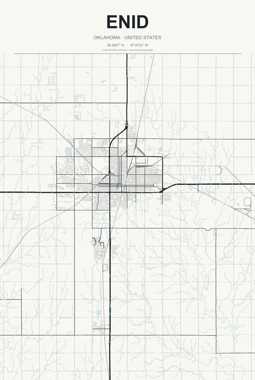 Enid, Oklahoma City Map Aluminum Sign in Headline Atlas style
