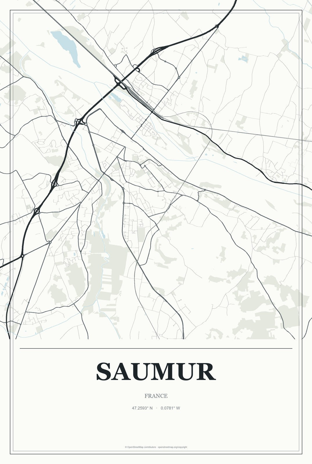Saumur, France City Map Aluminum Sign in Gallery Air style
