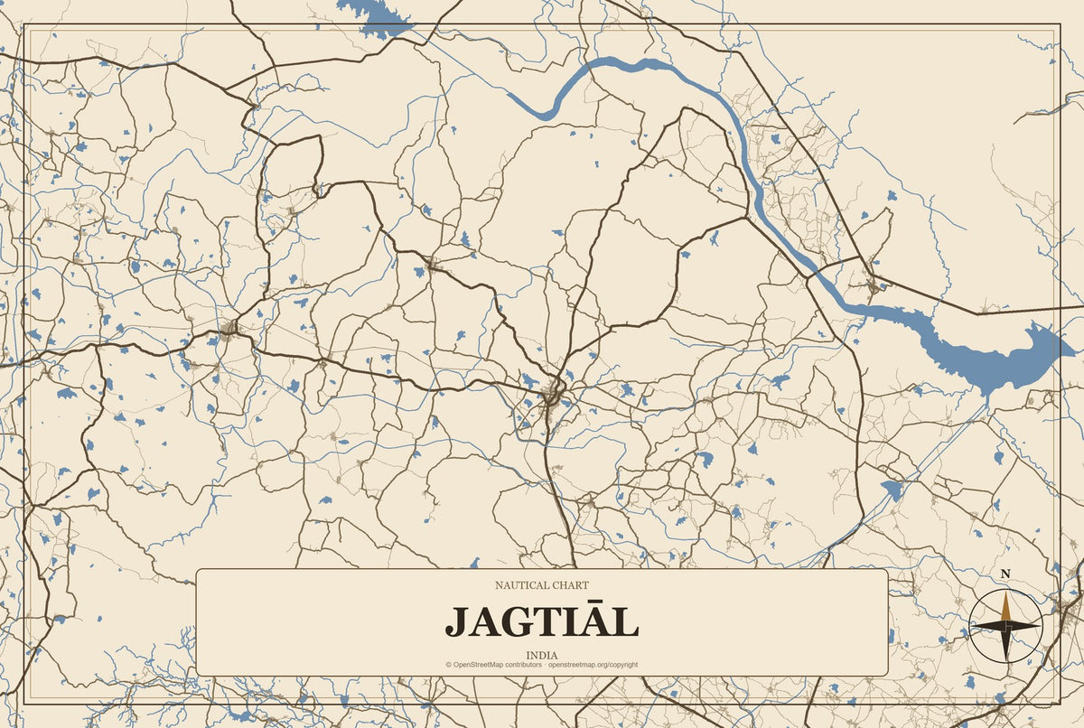 Jagtiāl, India City Map Aluminum Sign in Heritage Nautical style