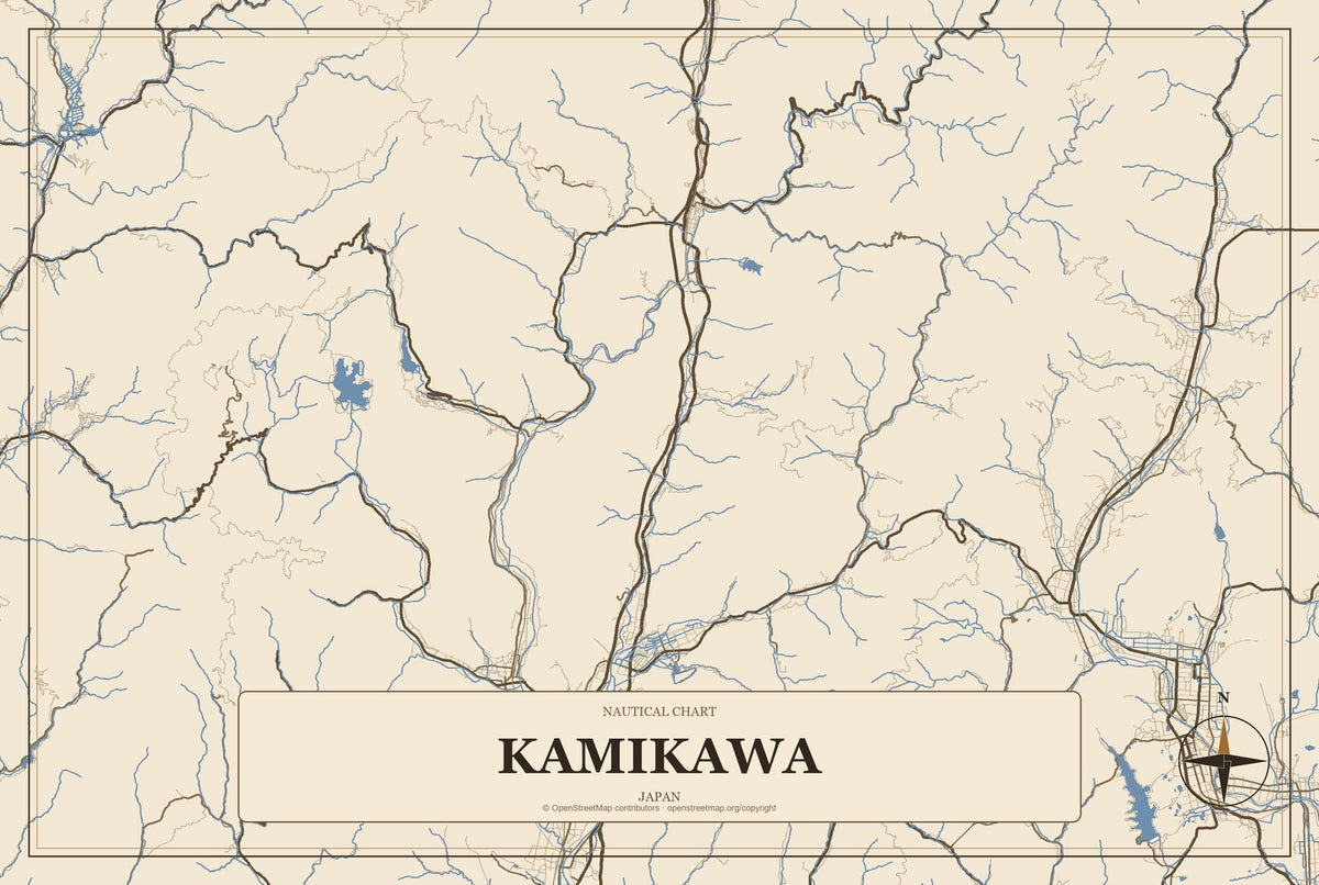 Kamikawa, Japan City Map Aluminum Sign in Heritage Nautical style