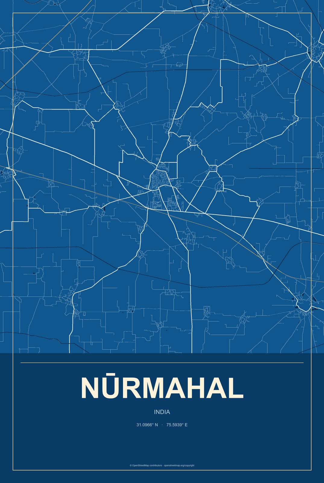 Nūrmahal, India City Map Aluminum Sign in Harbor Cobalt style