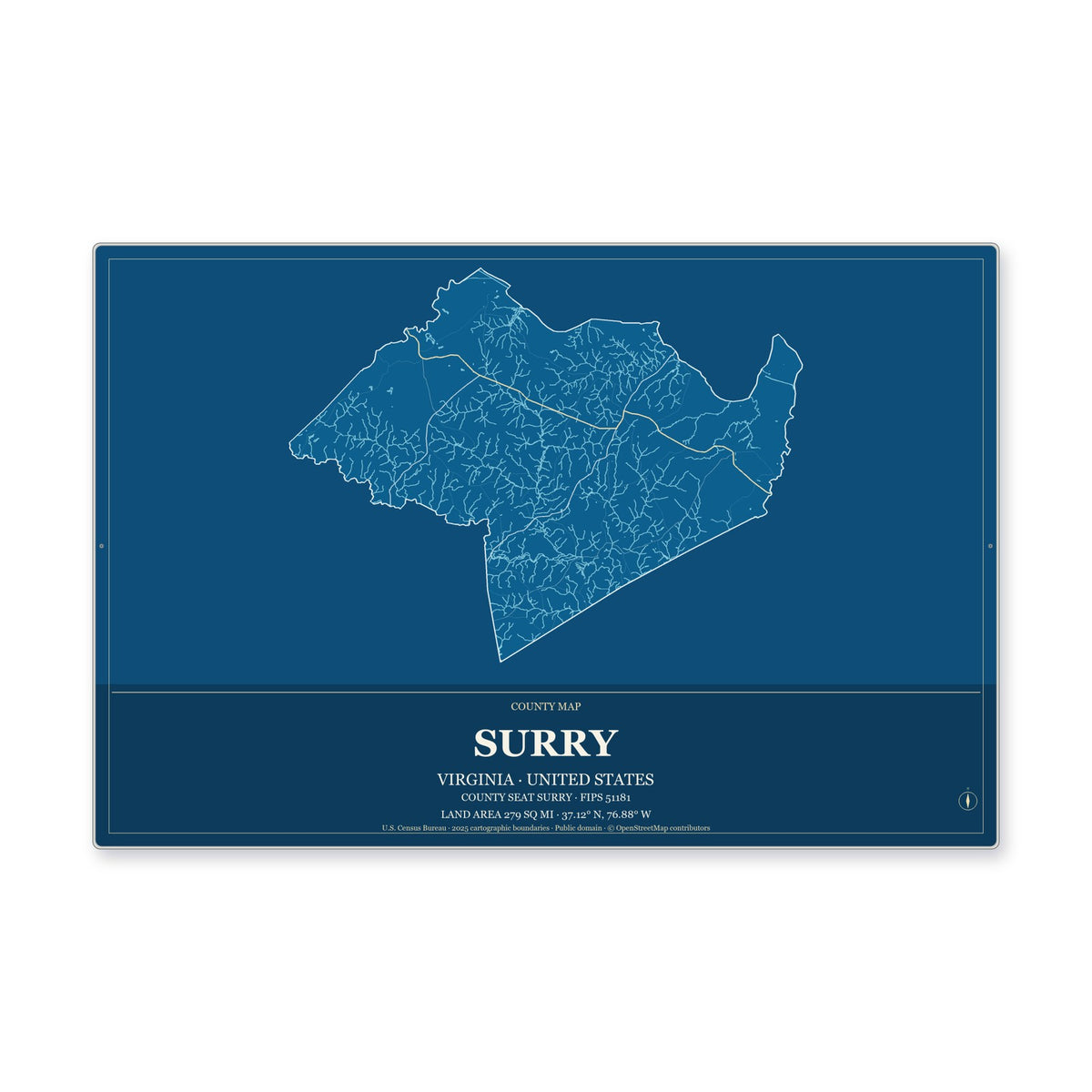 Surry County, Virginia Map Aluminum Sign in Harbor Cobalt style