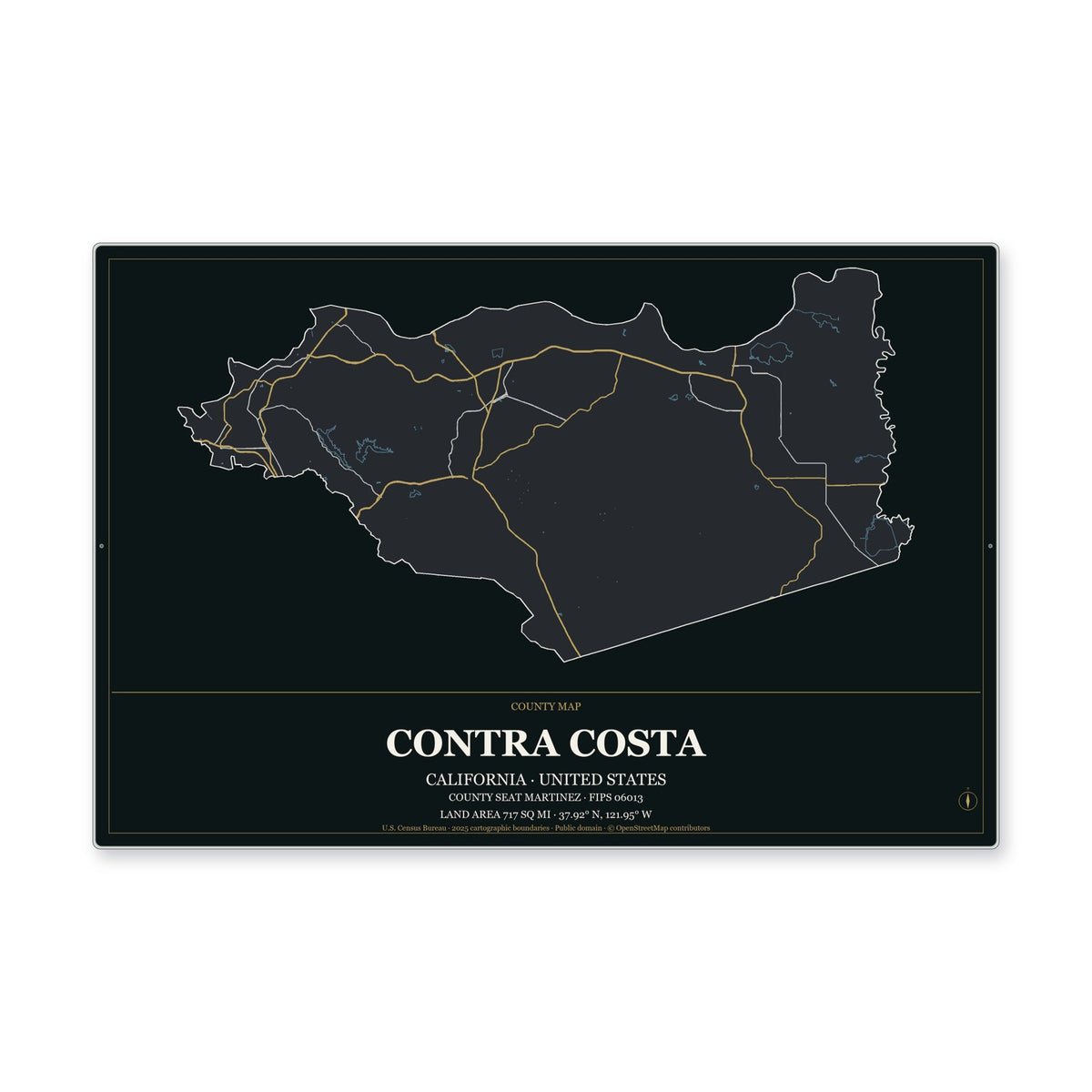Contra Costa County, California Map Aluminum Sign in Metropolitan Noir style