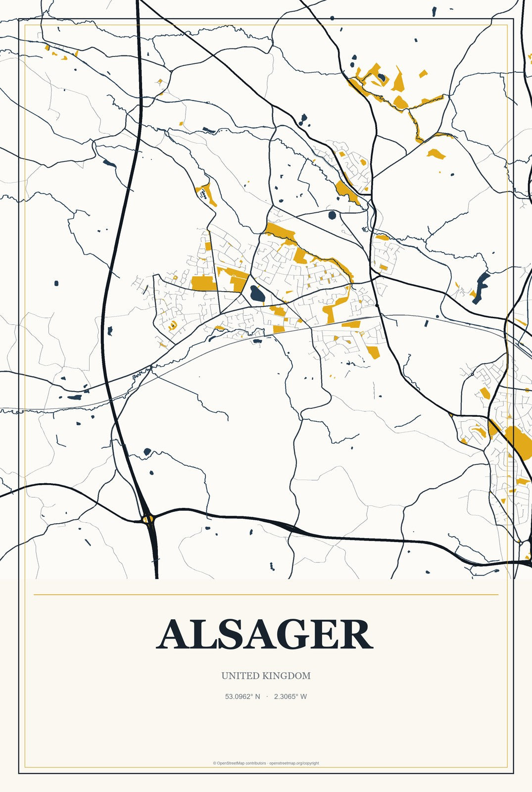 Alsager, United Kingdom City Map Aluminum Sign in Citrine Modern style