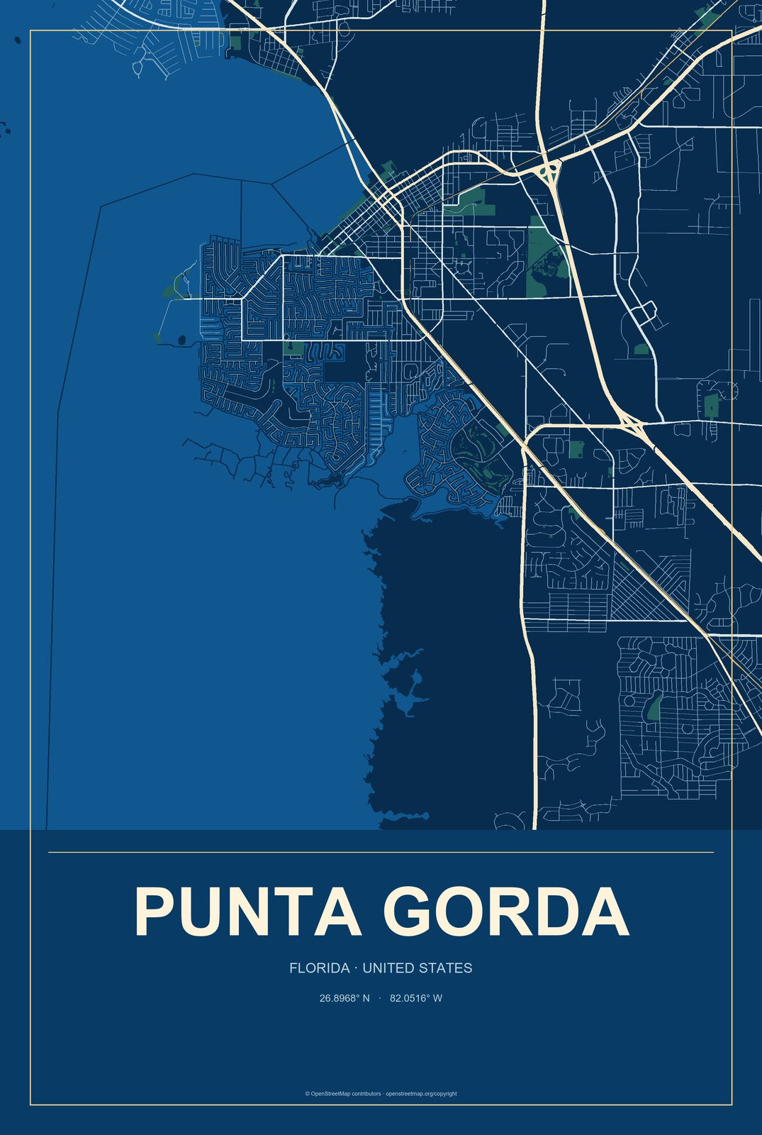 Punta Gorda, Florida City Map Aluminum Sign in Harbor Cobalt style