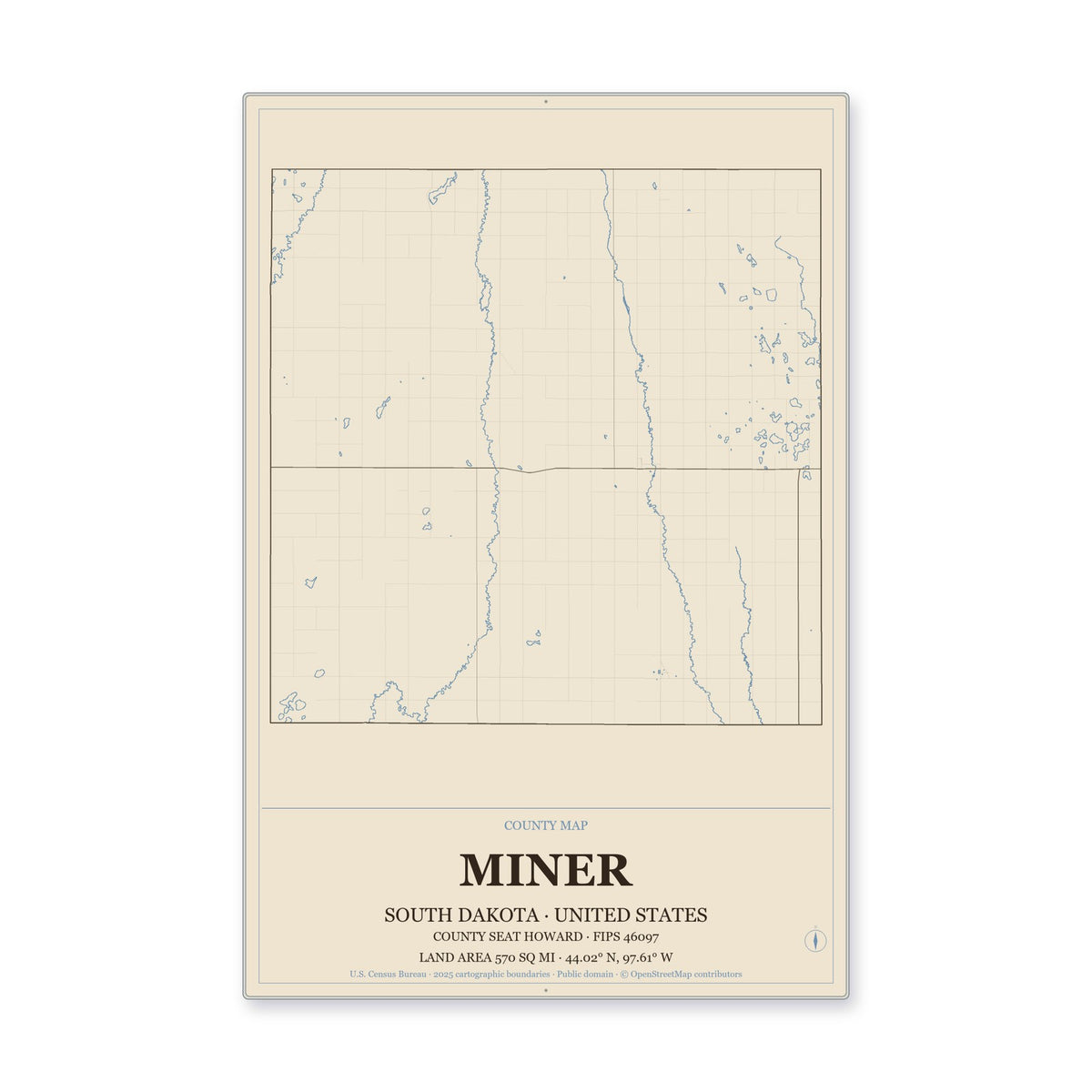 Miner County, South Dakota Map Aluminum Sign in Heritage Nautical style