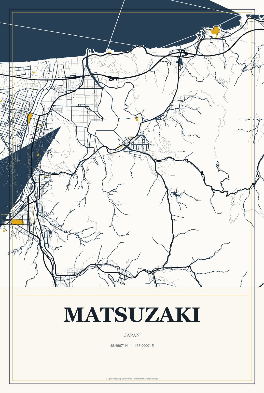 Matsuzaki, Japan City Map Aluminum Sign in Citrine Modern style
