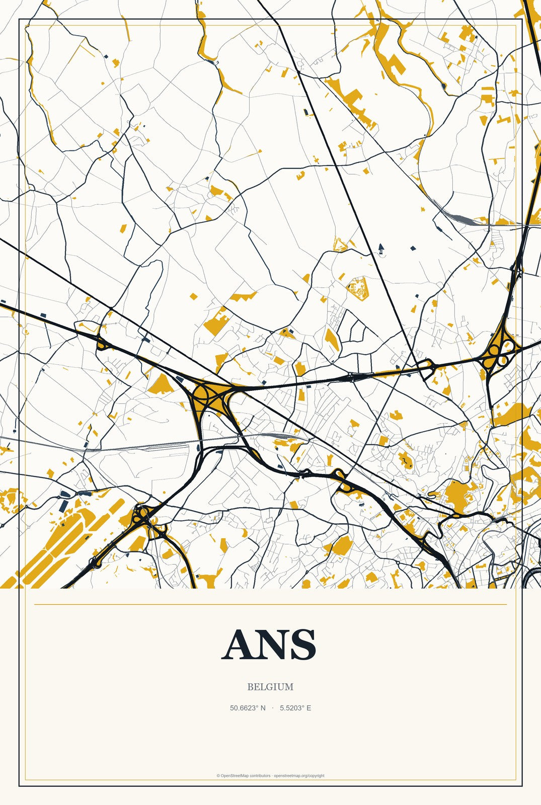 Ans, Belgium City Map Aluminum Sign in Citrine Modern style
