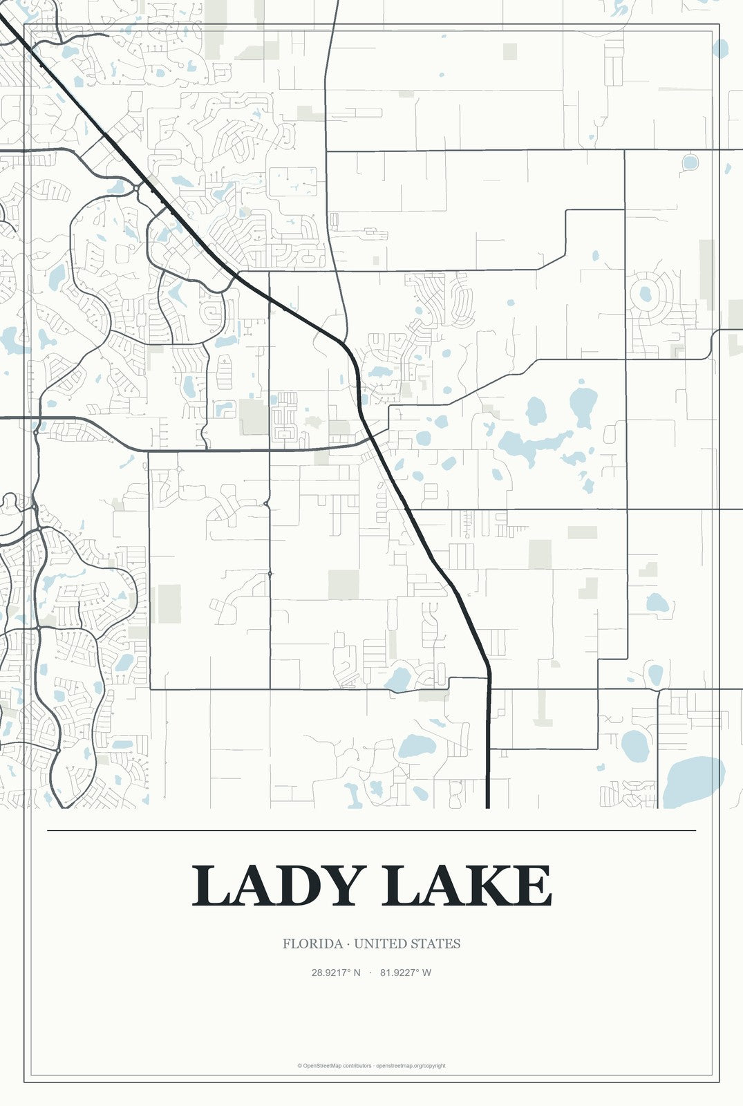 Lady Lake, Florida City Map Aluminum Sign in Gallery Air style